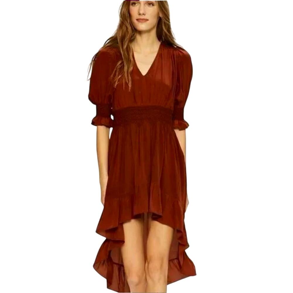 LOVE SAM Blixen Smocked Dress  Sz S 100% Silk Cognac Brown Ruffles Boho Cowgirl